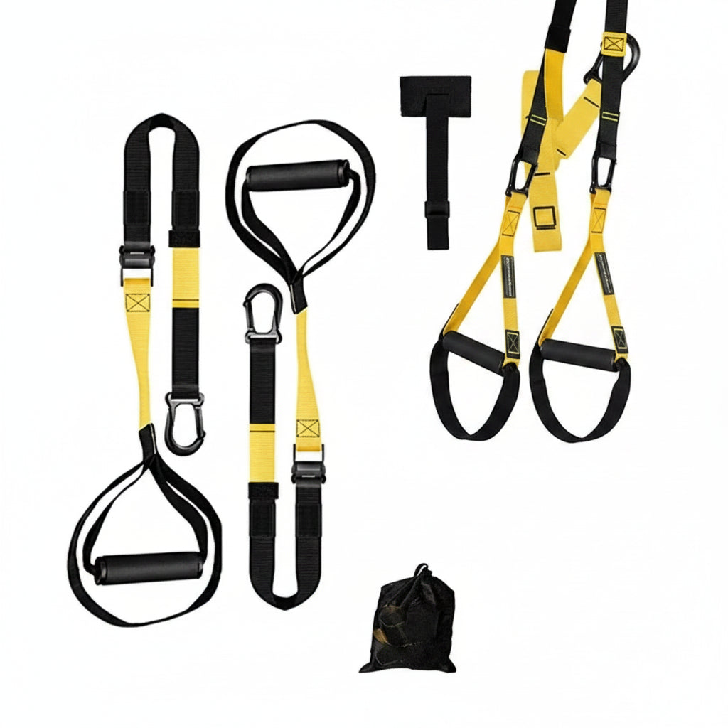  Kit sangles TRX VivaSport complet – sangles nylon 300 kg, poignées mousse anti-dérapantes, mousquetons zinc et accessoires inclus, fond blanc