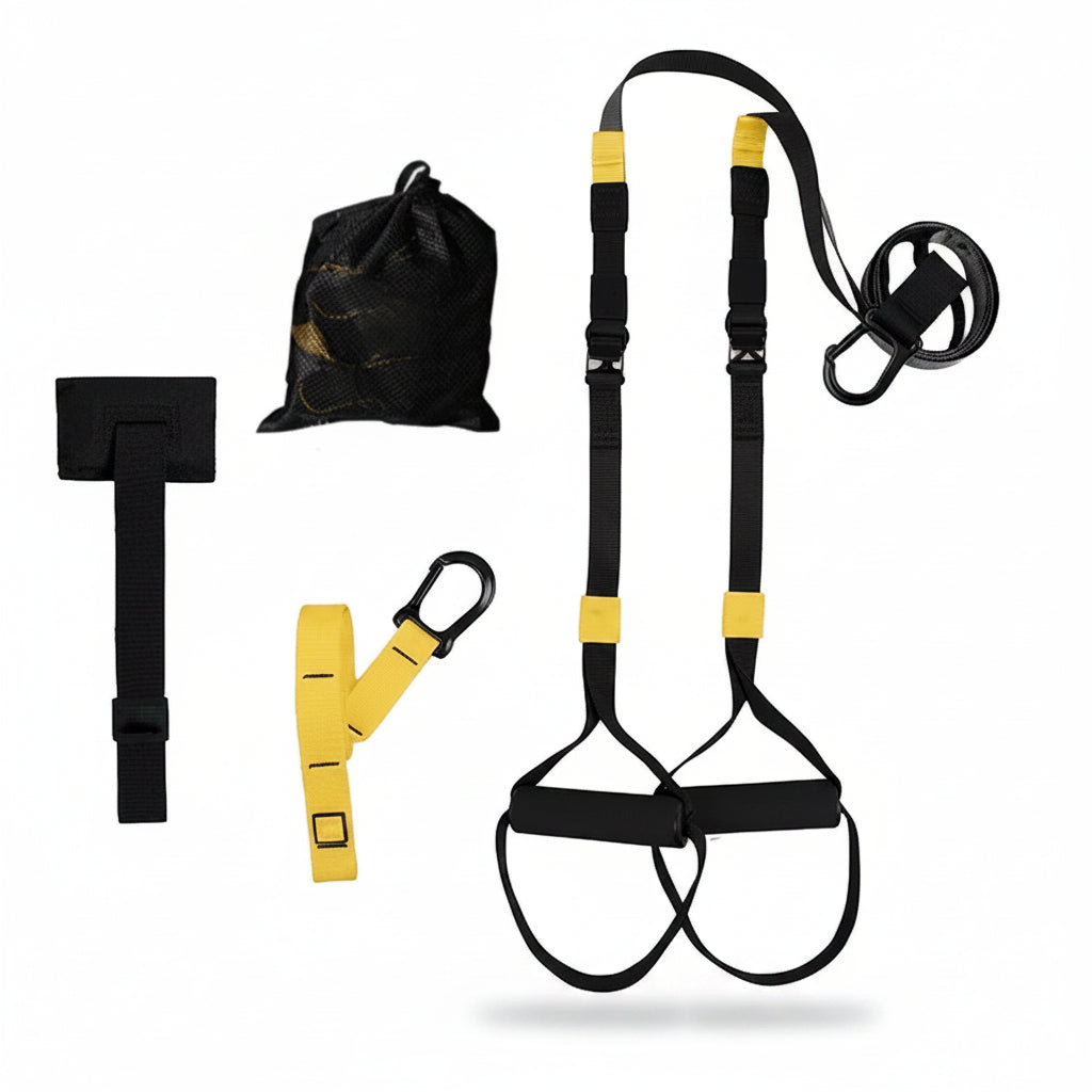 Sangles de suspension TRX VivaSport posées sur fond épuré – sangle nylon haute densité réglable de 1,4 m à 1,9 m