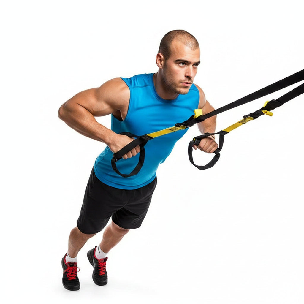 Homme en tenue de sport réalisant un rowing en suspension avec des sangles TRX fixées à une barre – entraînement fonctionnel poids du corps