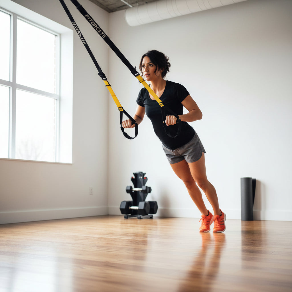 Femme réalisant des squats en suspension avec les sangles TRX VivaSport – exercice jambes et fessiers, entraînement à domicile