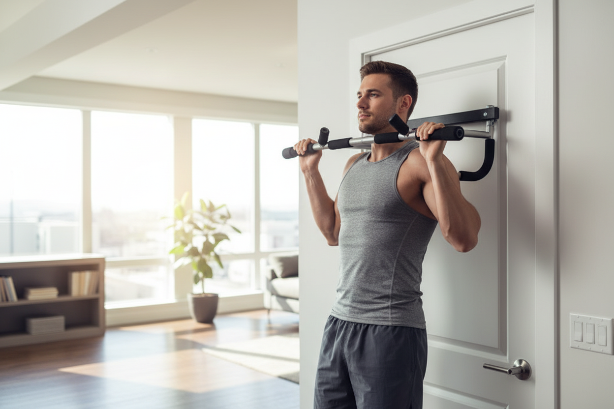 Barre de traction porte réglable VivaSport avec poignées antidérapantes noires
